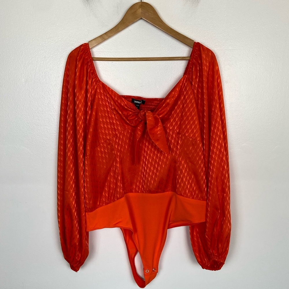 Express Satin Puff Sleeves Bodysuit‎ Size XL Orange Smocked Back Long Sleeves